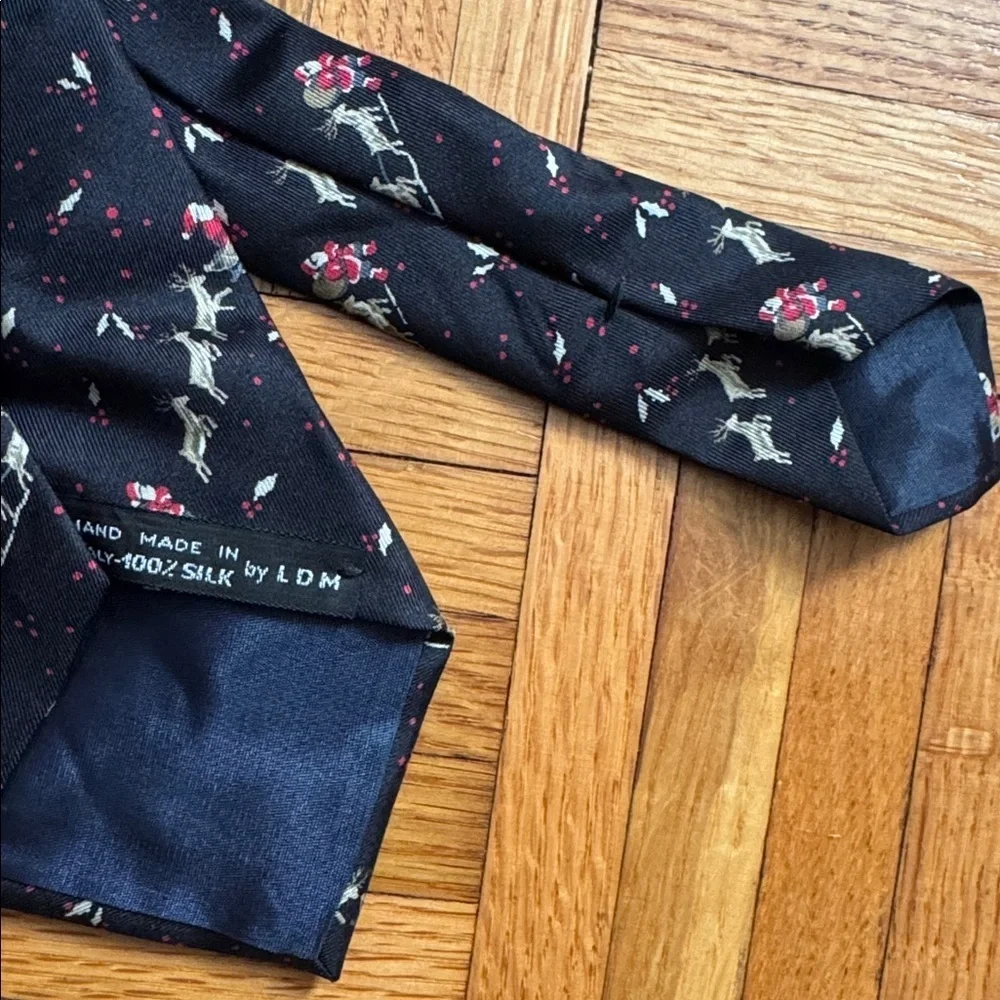 Vtg David Lawrence Black Silk‎ Christmas Novelty Necktie Santa Reindeer Sled